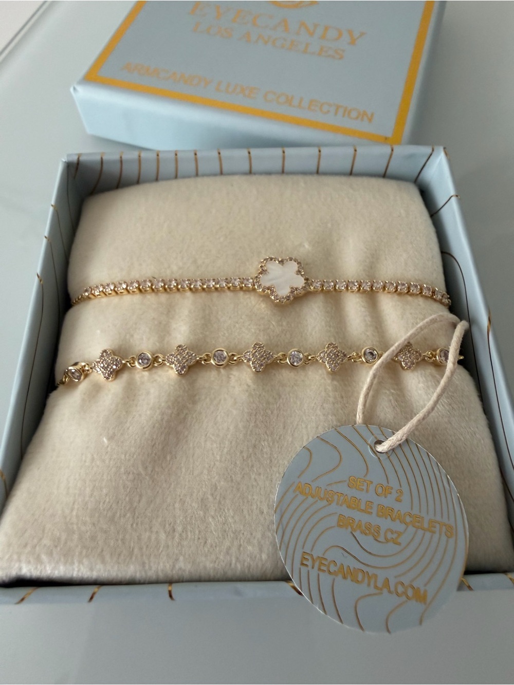 Eye candy Gold Adjustable Bracelet Set with White Clover flower pave Accent
